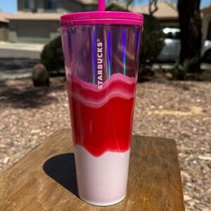 Starbucks Tumbler Pink Red White Swirl 24 oz Cold Beverages Reusable Straw Lid